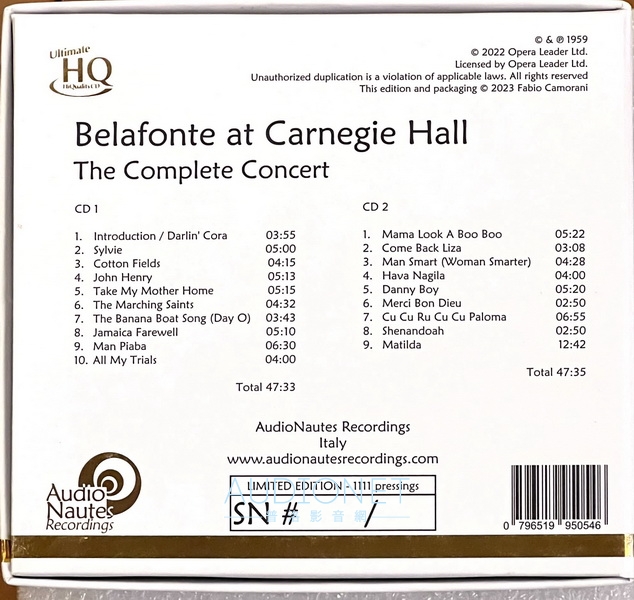 Belafonte At Carnegie Hall AudioNautes Recordings UHQCD版
